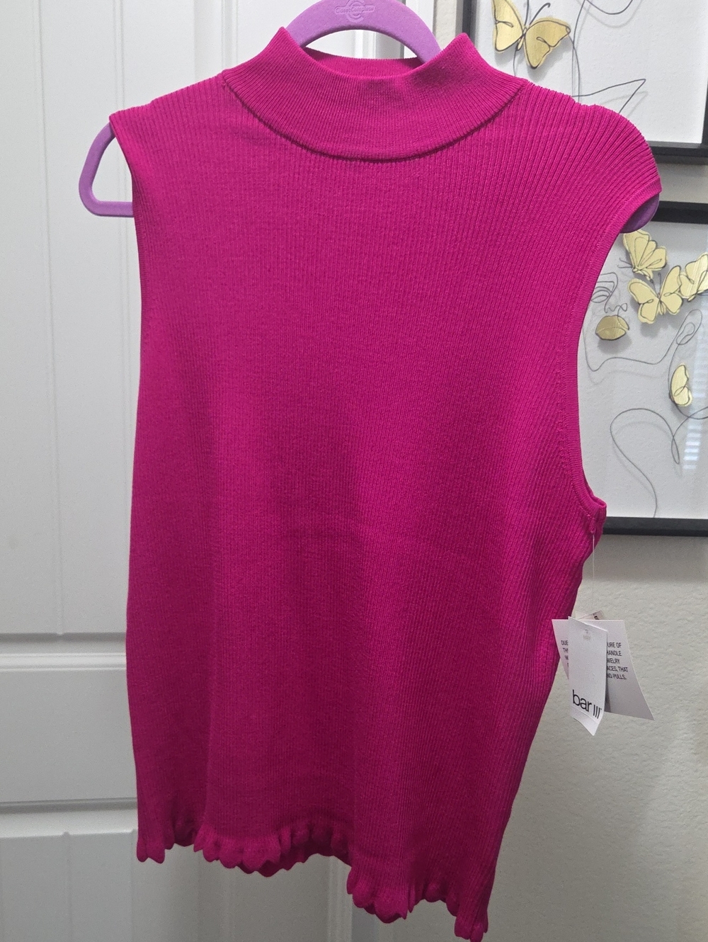 Bar III Ribbed Mock Neck Sleeveless Top - Bright Fuchsia